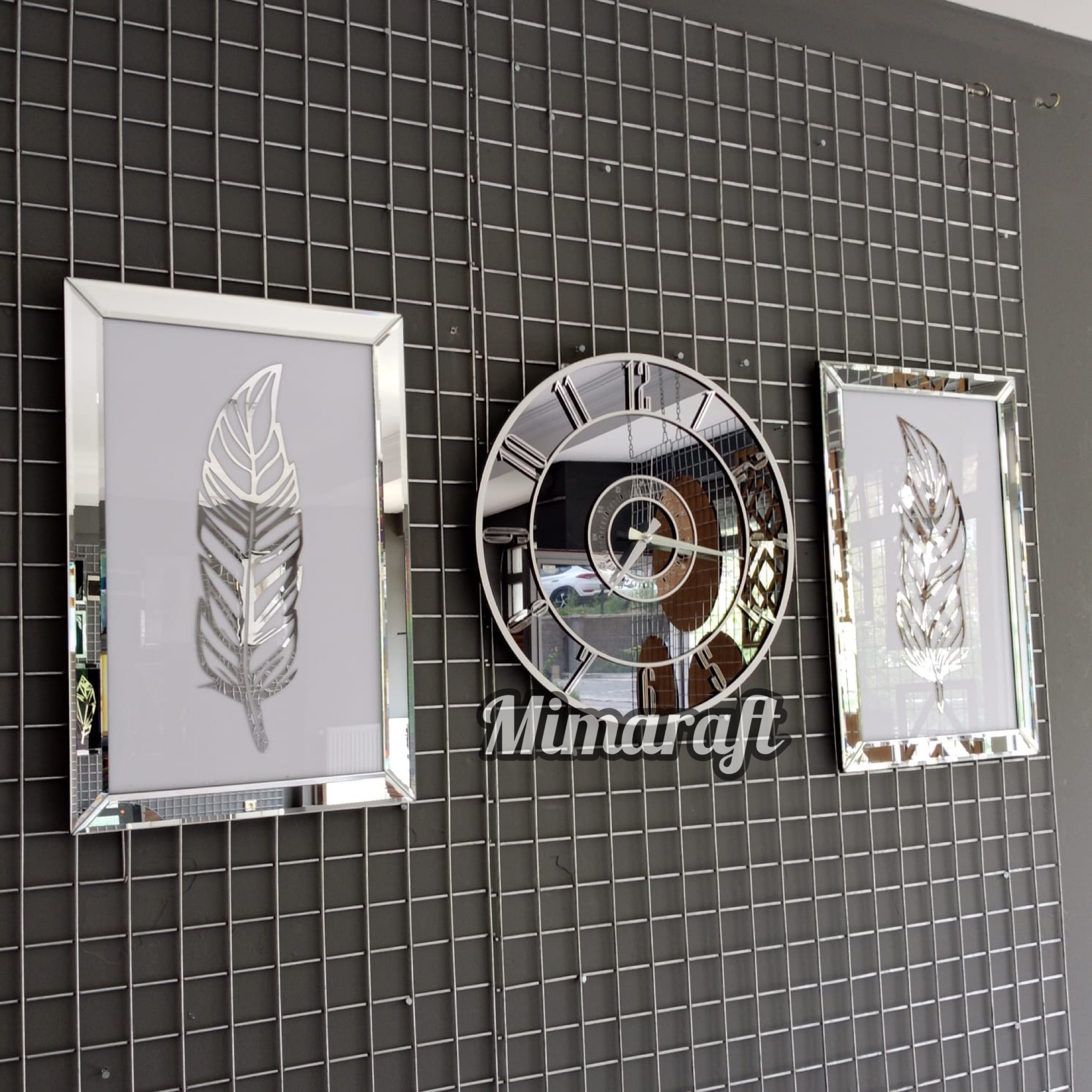 Aynalı Model 2 Li Tüy Tablo ve Saat Seti