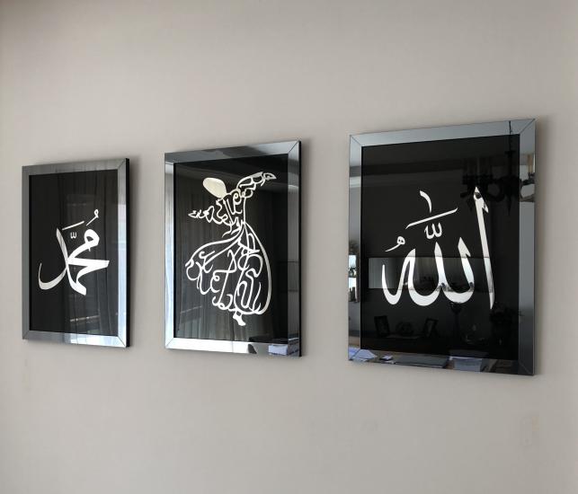 Aynalı Model 3 Lü Allah (cc) - Muhammed (sav) - Semazen Tablo